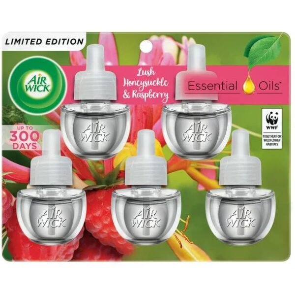 Air Wick Plug in Scented Oil, 5 Refills, Lush Honeysuckle & Raspberry, Air Freshener, Essential Oils, Packaging May Vary