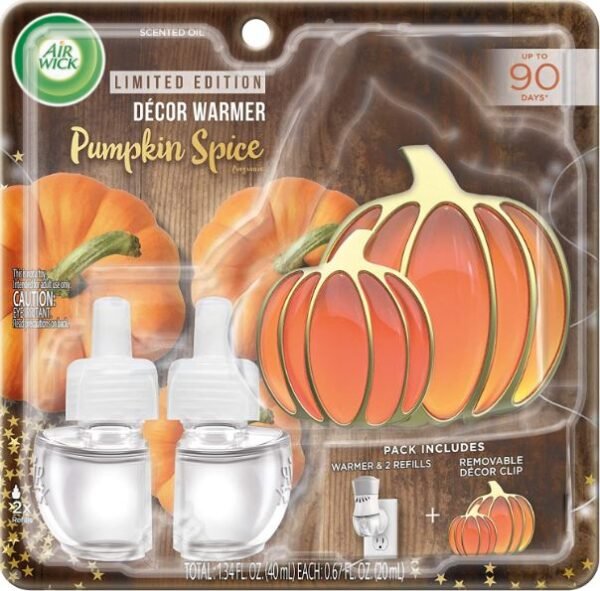 Air Wick Plug in Scented Oil Starter Kit with Pumpkin Free Decorative Warmer + 2 Refills, Pumpkin Spice, Fall Scent, Fall Spray, (2x0.67oz), Essential Oils, Air Freshener