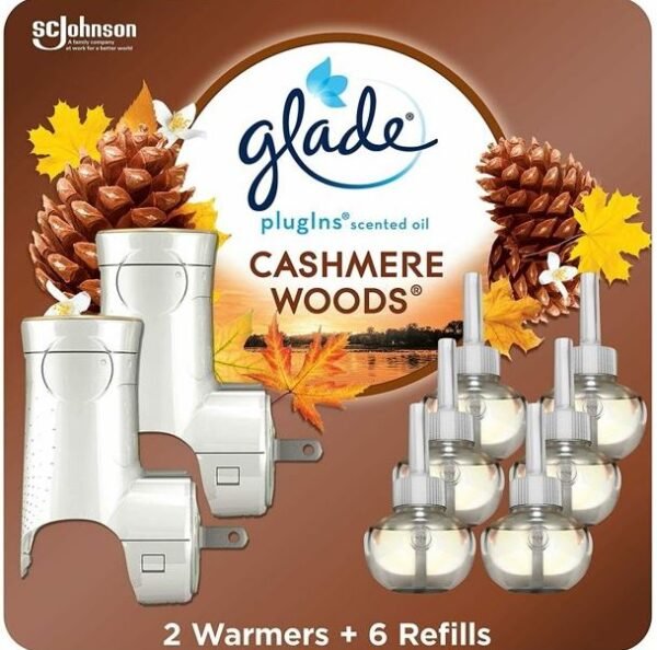 Glade PlugIns Refills Air Freshener Starter Kit, Scented and Essential Oils for Home and Bathroom, Cashmere Woods, 4.02 Fl Oz, 2 Warmers + 6 Refills