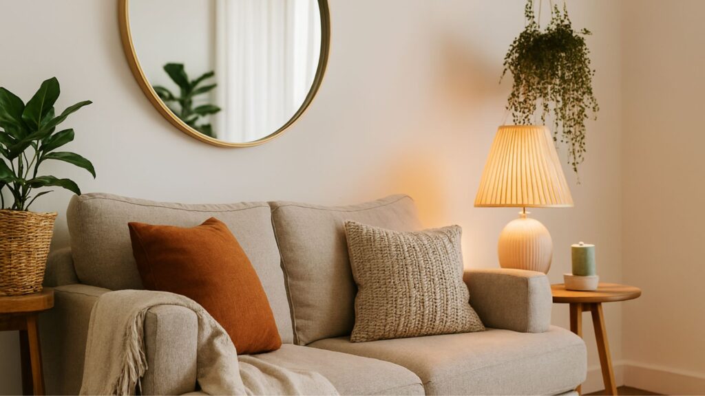 Cheap household decor online – elegant living room styled with affordable chic pillows, mirror, and cozy lighting.