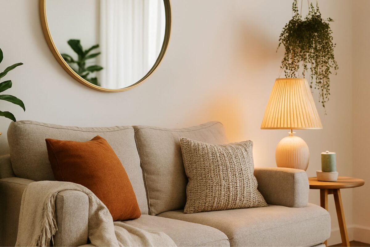 Cheap household decor online – elegant living room styled with affordable chic pillows, mirror, and cozy lighting.