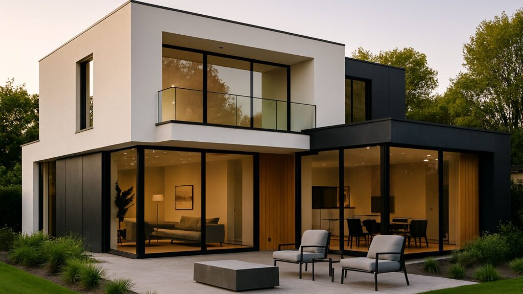 Modern house interior and exterior design featuring minimalist living room, glass walls, and bold geometric exterior — stylish, elegant, and trending online.