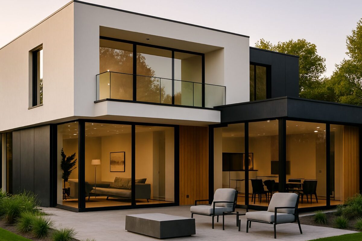 Modern house interior and exterior design featuring minimalist living room, glass walls, and bold geometric exterior — stylish, elegant, and trending online.