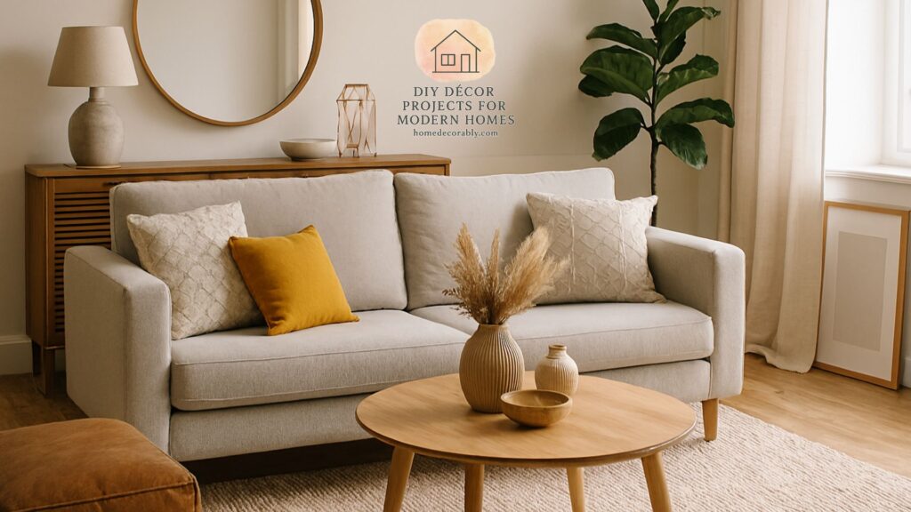 Modern living room styled with budget-friendly home décor, showing a luxury look at a low price