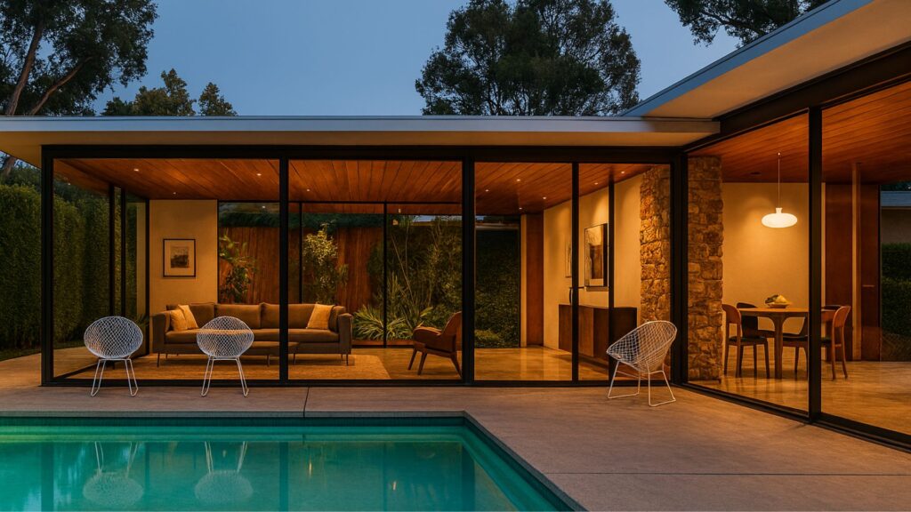 Mid-century modern home design with clean lines, natural materials, and open spaces reflecting timeless elegance and transformation.