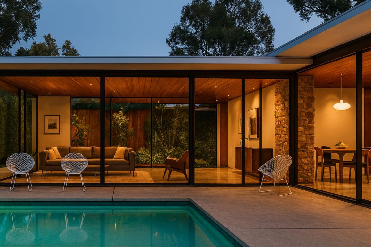 Mid-century modern home design with clean lines, natural materials, and open spaces reflecting timeless elegance and transformation.