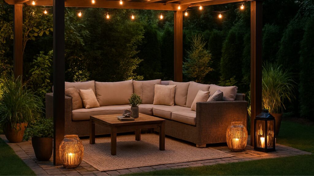 Cozy outdoor room with pergola, comfortable seating, warm lighting, and lush greenery creating a relaxing backyard retreat.