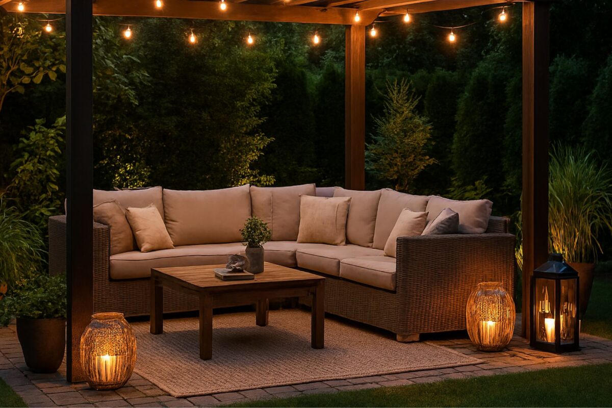 Cozy outdoor room with pergola, comfortable seating, warm lighting, and lush greenery creating a relaxing backyard retreat.
