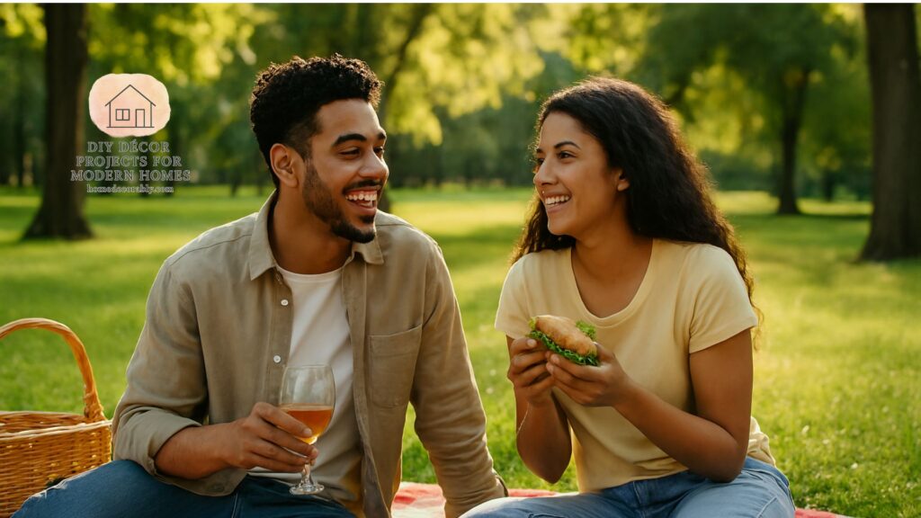 Couple enjoying a picnic in the park, smiling and relaxed, representing cheap fun dates near me with a warm and romantic mood.