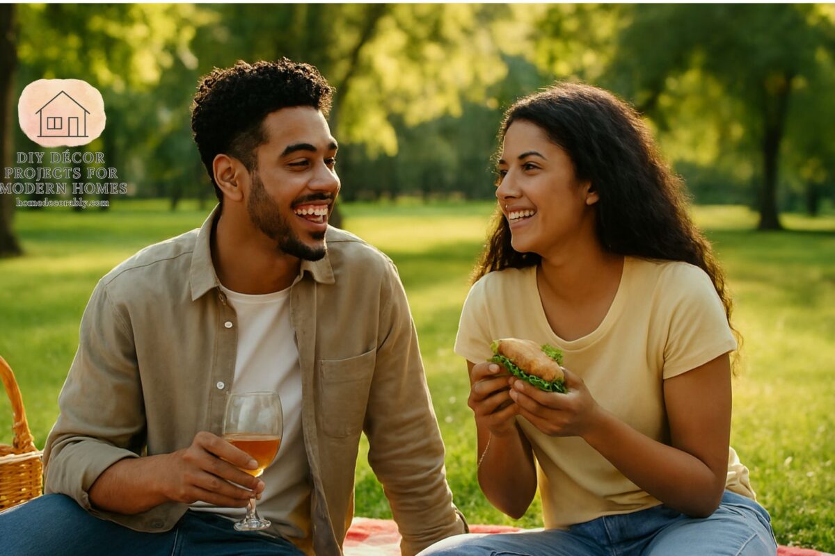 Couple enjoying a picnic in the park, smiling and relaxed, representing cheap fun dates near me with a warm and romantic mood.