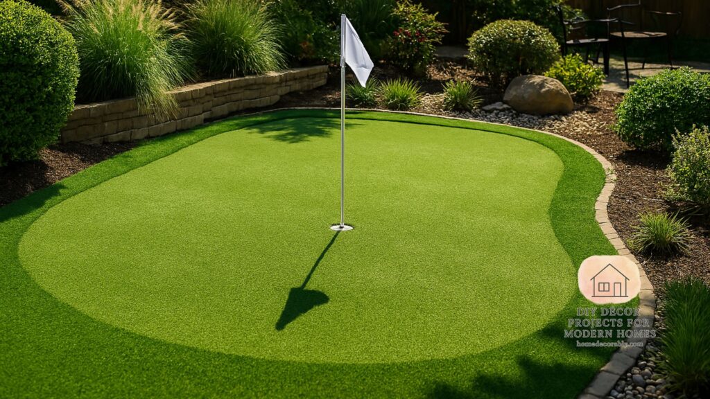DIY putting green outdoor in a backyard with artificial turf, golf flag, and cozy landscaping, showcasing a budget-friendly yet stylish home golf setup.