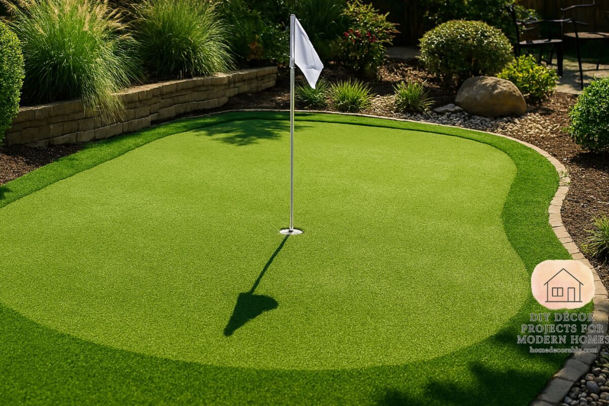 DIY putting green outdoor in a backyard with artificial turf, golf flag, and cozy landscaping, showcasing a budget-friendly yet stylish home golf setup.