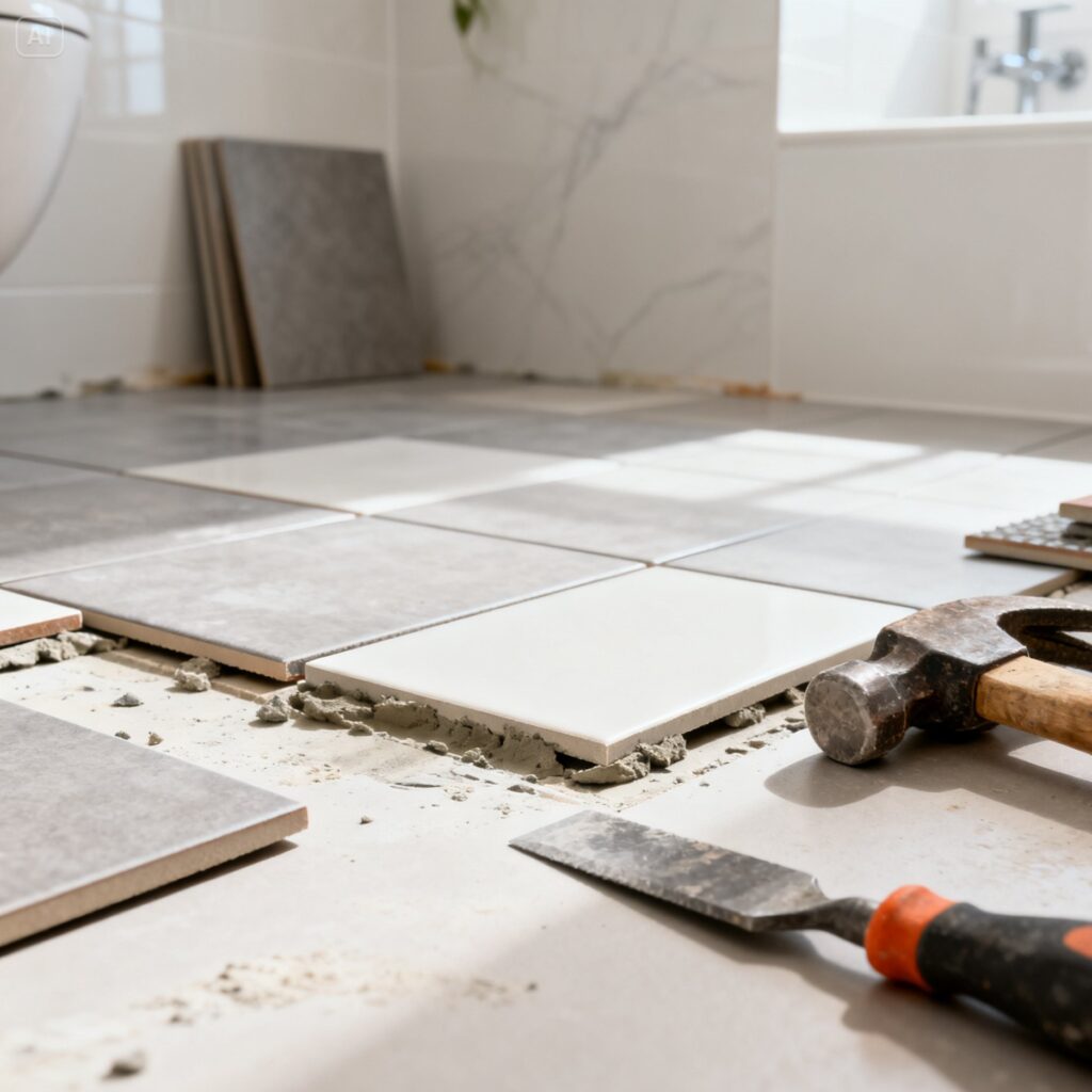 DIY bathroom floor replacement process with simple tools, creative atmosphere, and fresh results.