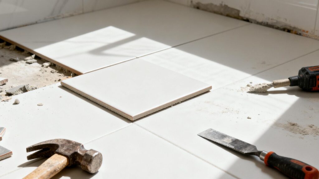 DIY bathroom floor replacement process with simple tools, creative atmosphere, and fresh results.