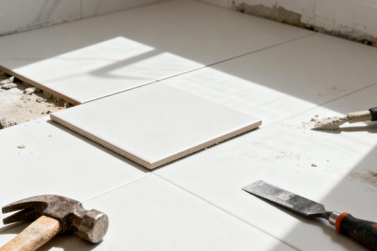 DIY bathroom floor replacement process with simple tools, creative atmosphere, and fresh results.