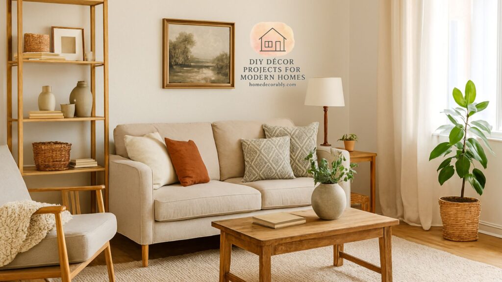 Cozy living room furnished on a budget with thrifted furniture, DIY decor, and warm inviting atmosphere