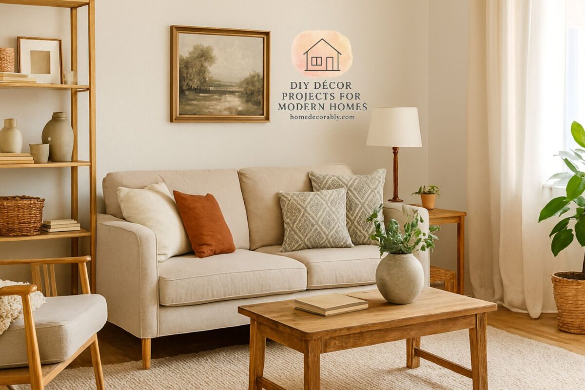 Cozy living room furnished on a budget with thrifted furniture, DIY decor, and warm inviting atmosphere