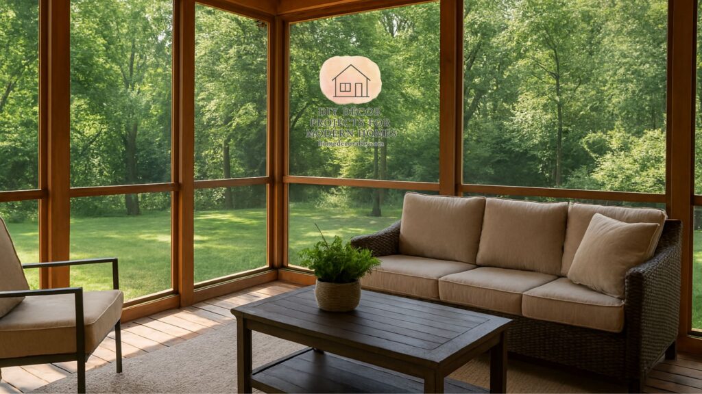 Screen porch plans do it yourself project showing a cozy wooden frame porch with mesh screens and inviting seating.