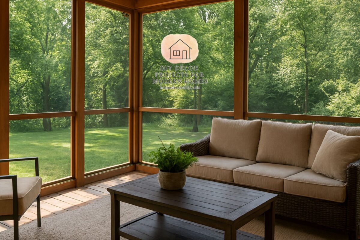 Screen porch plans do it yourself project showing a cozy wooden frame porch with mesh screens and inviting seating.