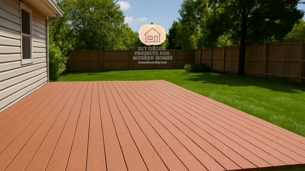 Backyard DIY deck project with tools, lumber, and a half-built deck, symbolizing cost savings and homeowner achievement.