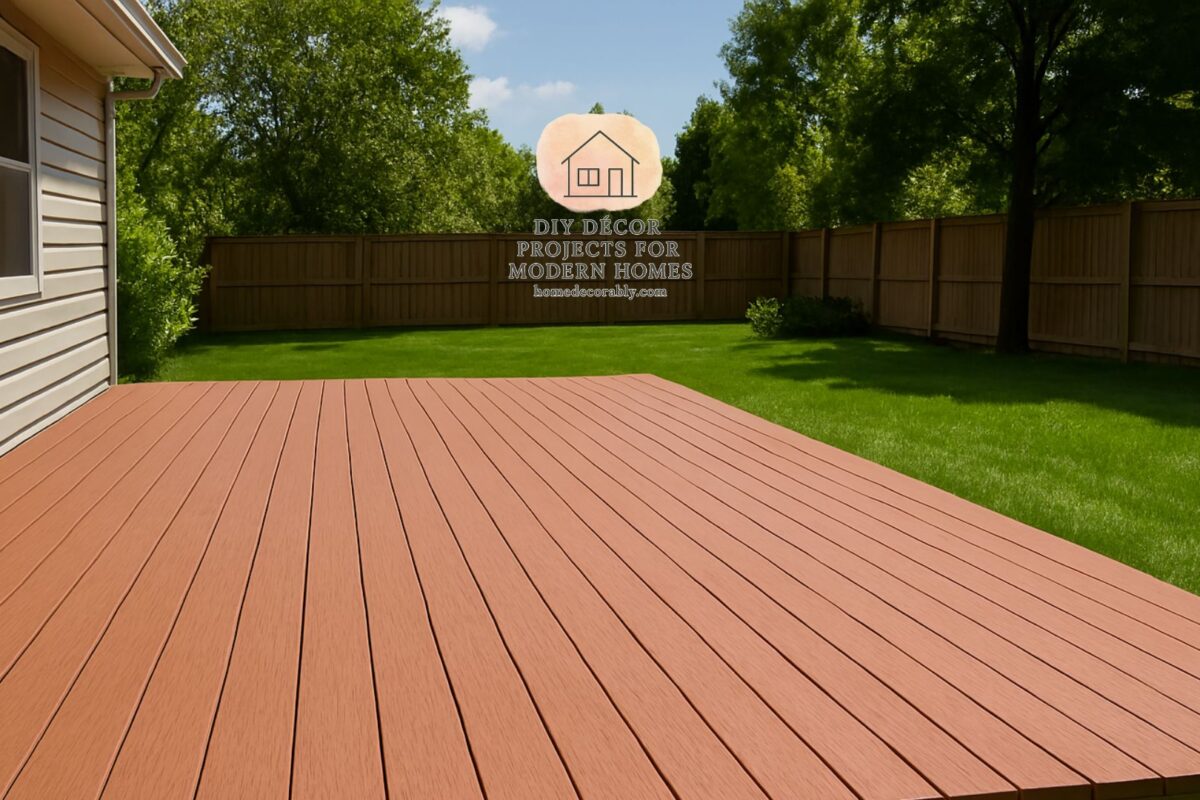 Backyard DIY deck project with tools, lumber, and a half-built deck, symbolizing cost savings and homeowner achievement.