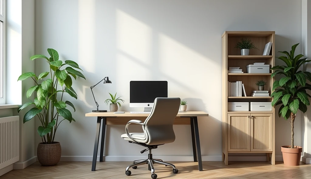 Modern home office setup with proper desk depth for ergonomics, stylish decor, and natural lighting.