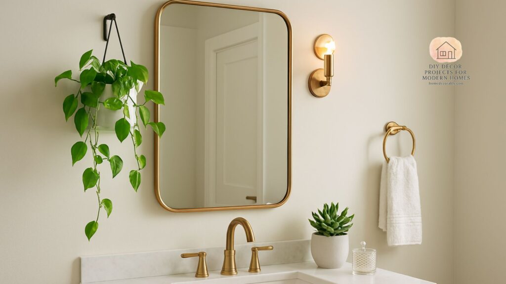 Elegant bathroom mirror decor styling with framed mirror, soft lighting, and greenery accents for a modern look