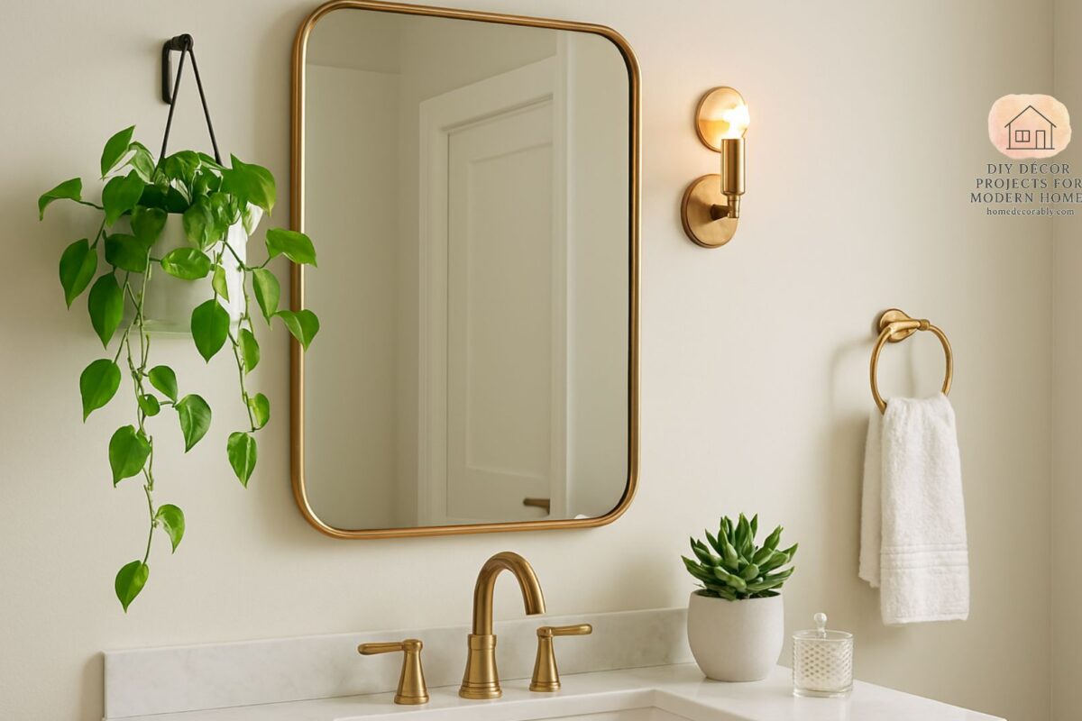 Elegant bathroom mirror decor styling with framed mirror, soft lighting, and greenery accents for a modern look