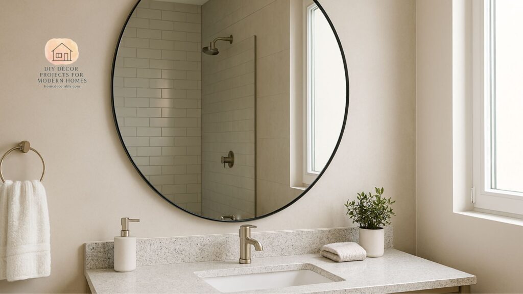 Minimalist aesthetic mirror with sleek frame reflecting modern bathroom decor and bright ambiance