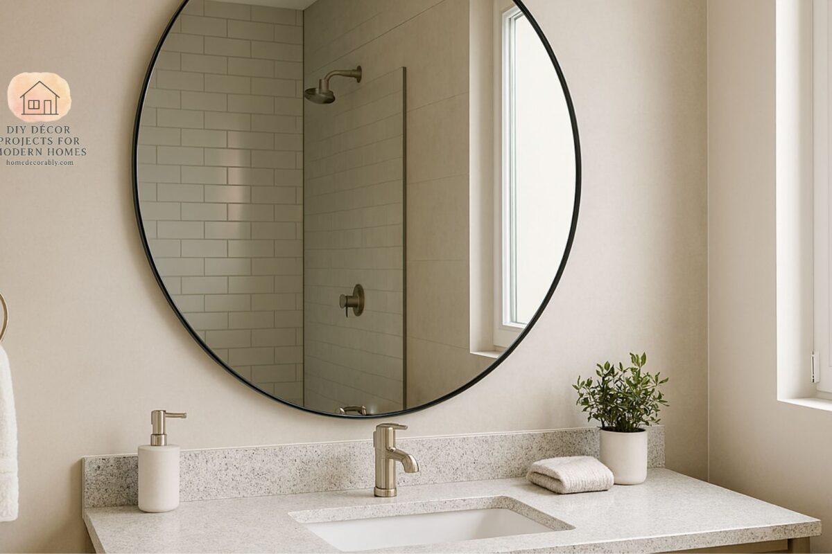 Minimalist aesthetic mirror with sleek frame reflecting modern bathroom decor and bright ambiance