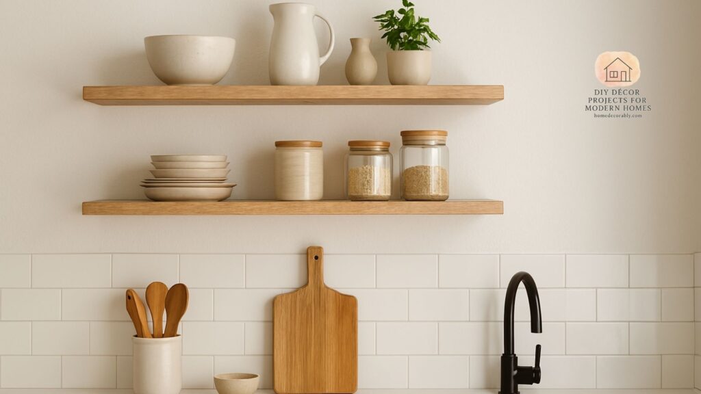 Modern open shelves kitchen decor with neutral colors and minimalist styling