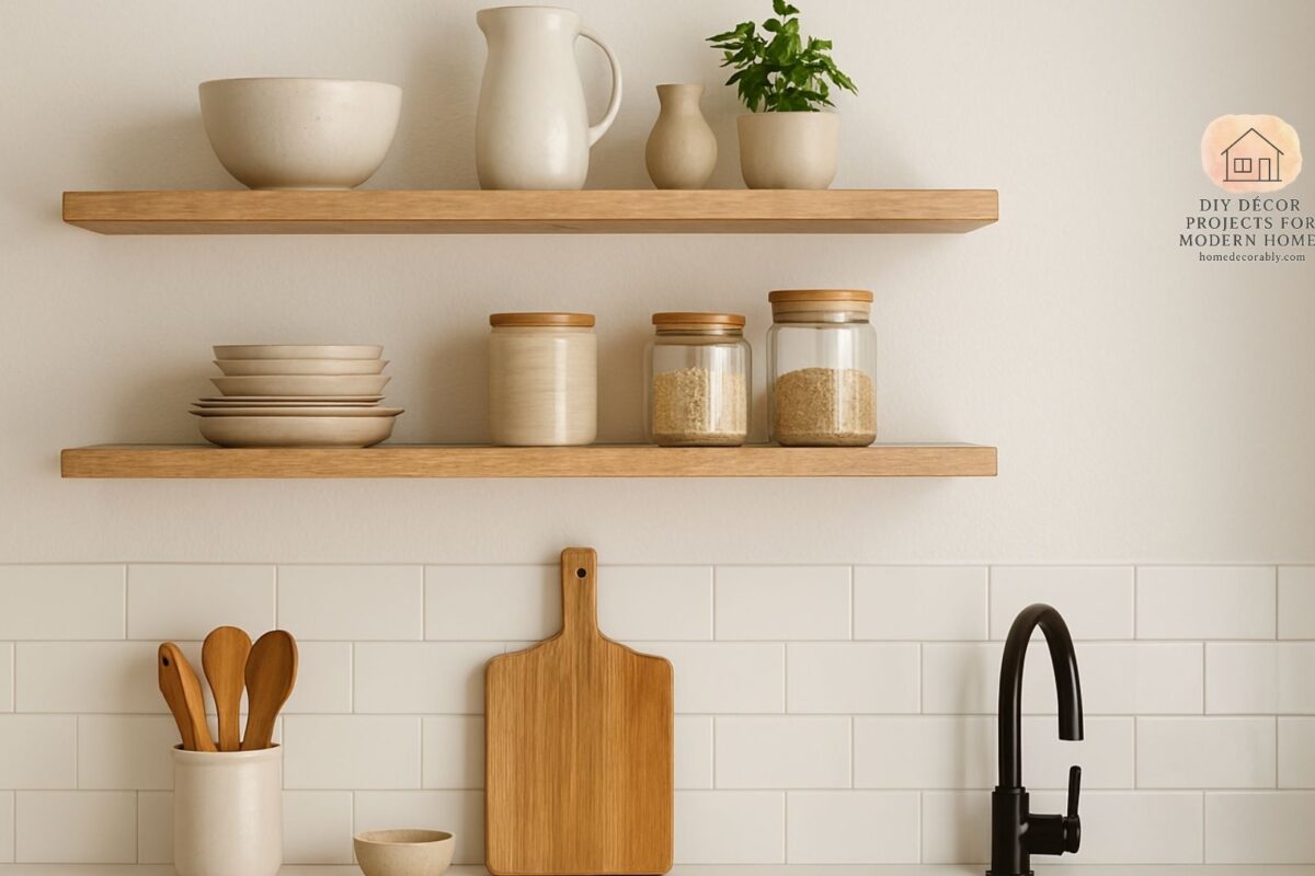 Modern open shelves kitchen decor with neutral colors and minimalist styling