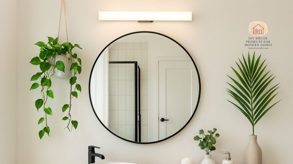 A modern bathroom showcasing aesthetic bathroom mirror decor ideas with framed design, soft lighting, and greenery accents.