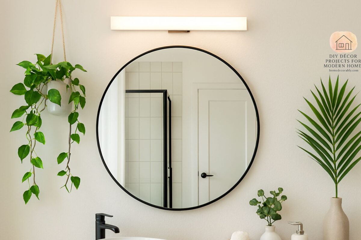 A modern bathroom showcasing aesthetic bathroom mirror decor ideas with framed design, soft lighting, and greenery accents.