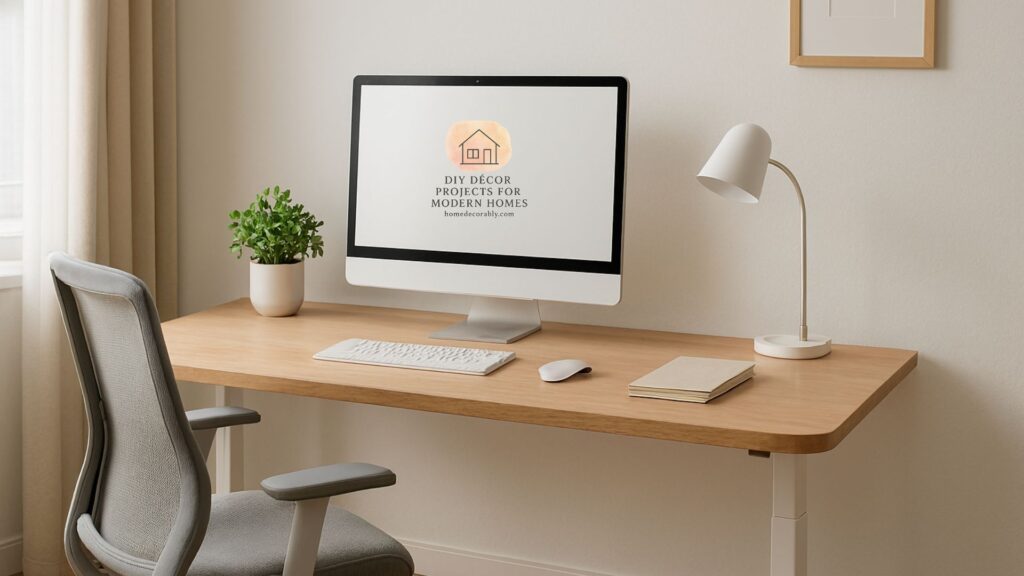 Aesthetic ergonomic desk with minimalist decor, natural lighting, and modern home office setup.