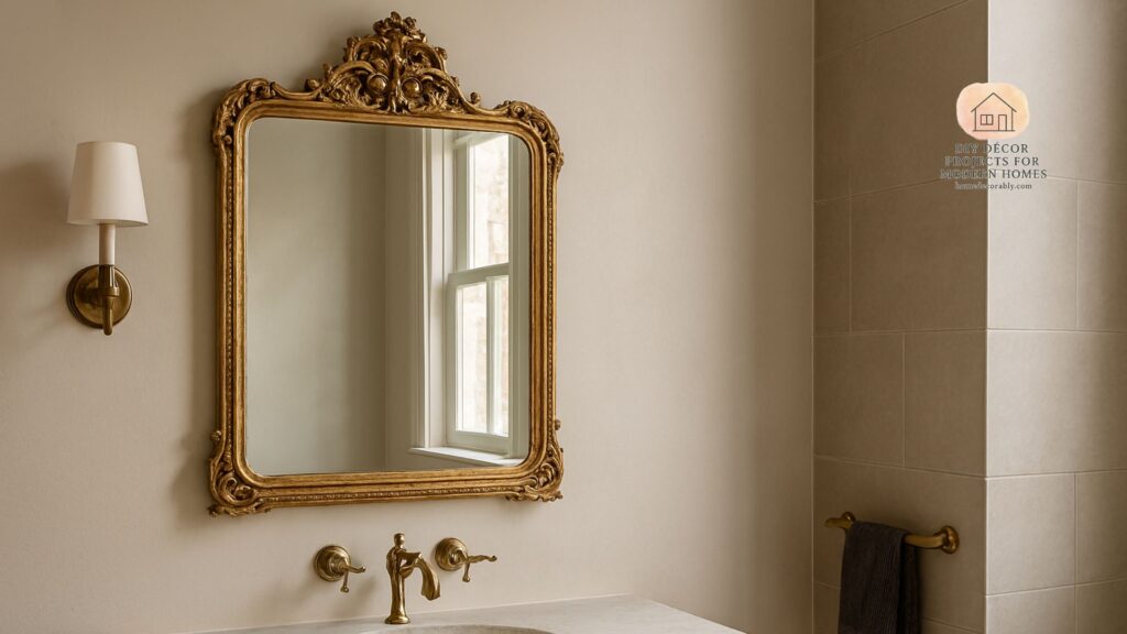 Antique bathroom mirror aesthetic with ornate vintage frame adding timeless elegance to a modern bathroom