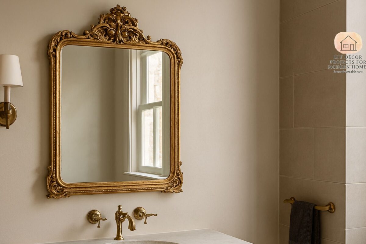 Antique bathroom mirror aesthetic with ornate vintage frame adding timeless elegance to a modern bathroom