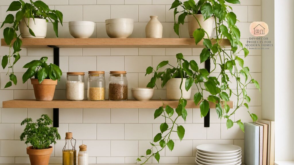 Open kitchen shelves decor with plants styled in modern farmhouse design