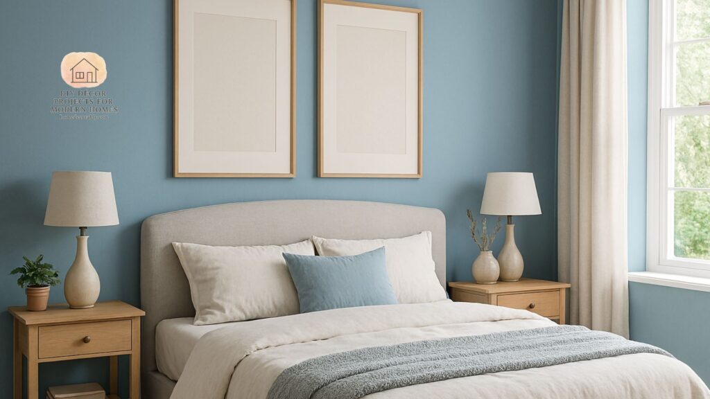 A cozy bedroom interior showcasing calming blue walls, illustrating the bedroom color psychology guide.