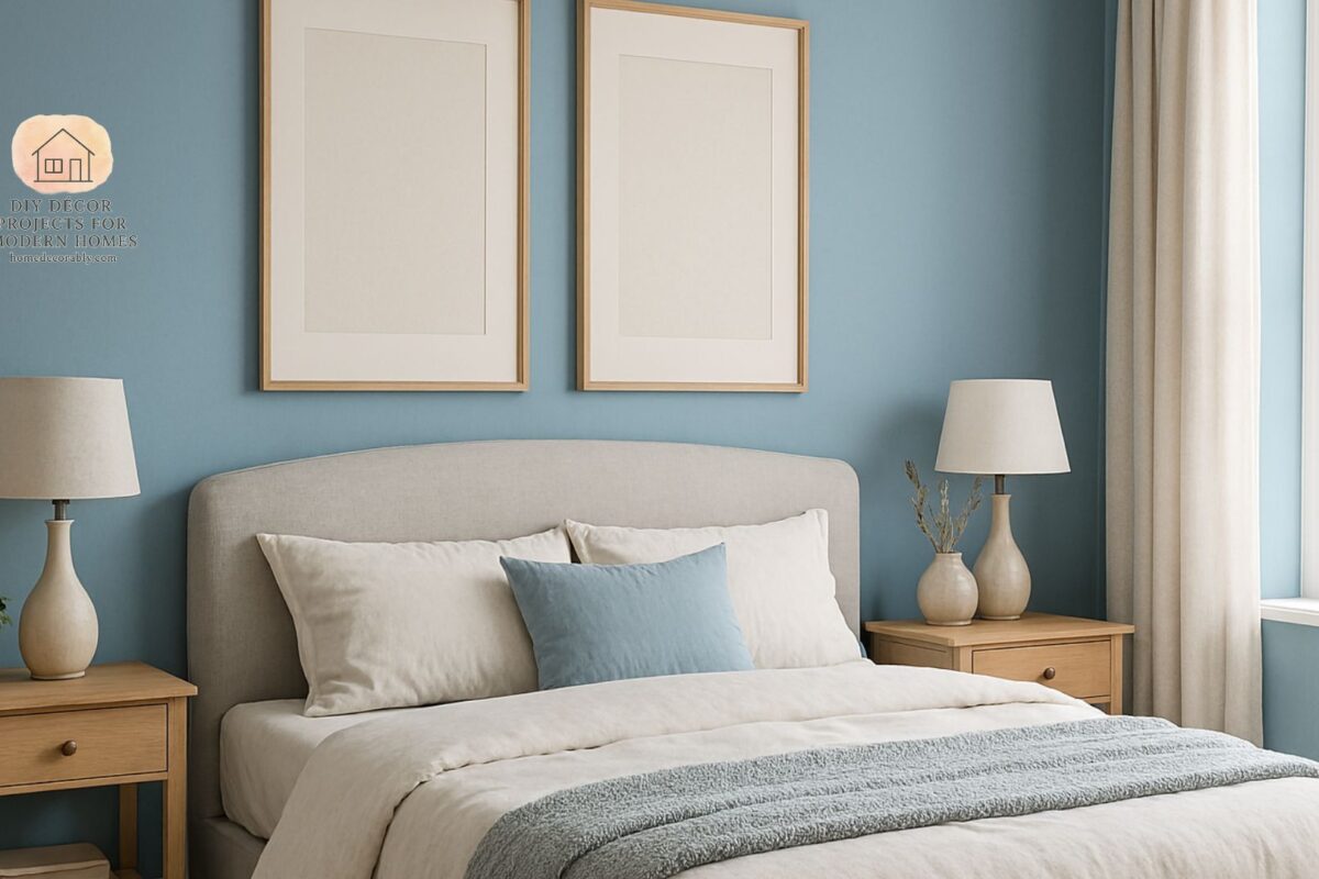 A cozy bedroom interior showcasing calming blue walls, illustrating the bedroom color psychology guide.
