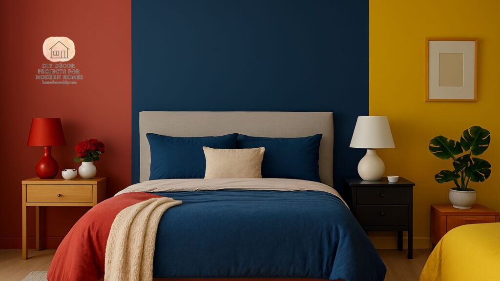 A stylish bedroom showcasing romantic red, calming blue, and energizing yellow tones with bedroom color selection tips.