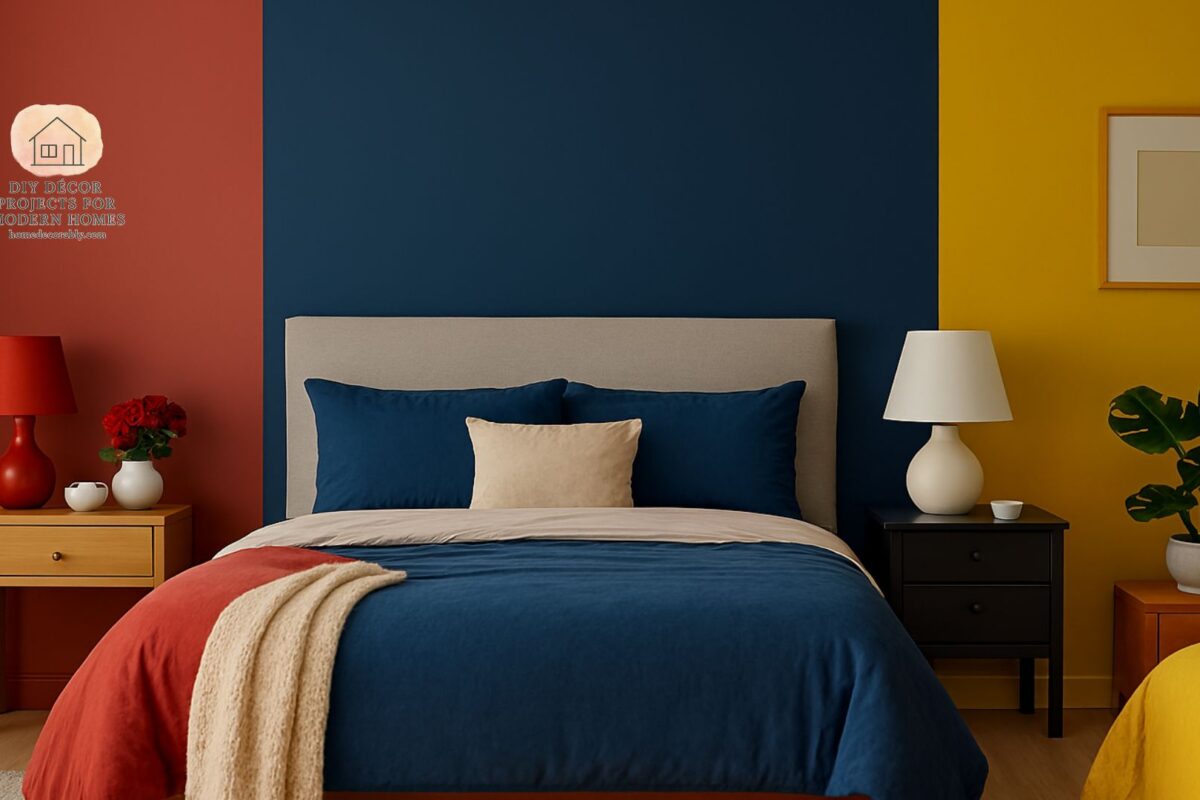 A stylish bedroom showcasing romantic red, calming blue, and energizing yellow tones with bedroom color selection tips.