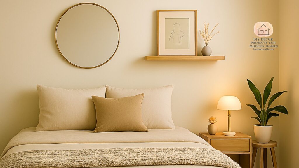 Bedroom wall decoration ideas for small room featuring mirrors, floating shelves, and cozy lighting for spacious effect