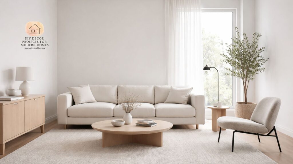 Minimalist living room with sleek sofa, coffee table, and accent chair showcasing the best minimalist furniture for living room.