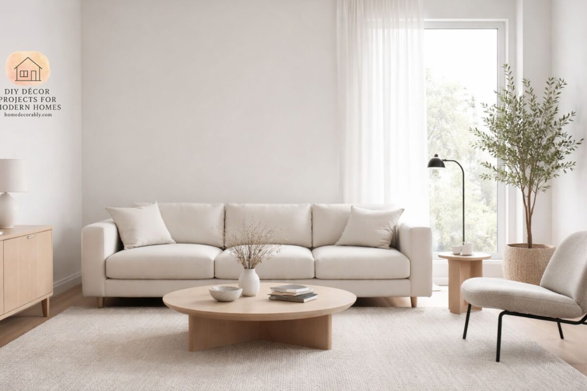 Minimalist living room with sleek sofa, coffee table, and accent chair showcasing the best minimalist furniture for living room.