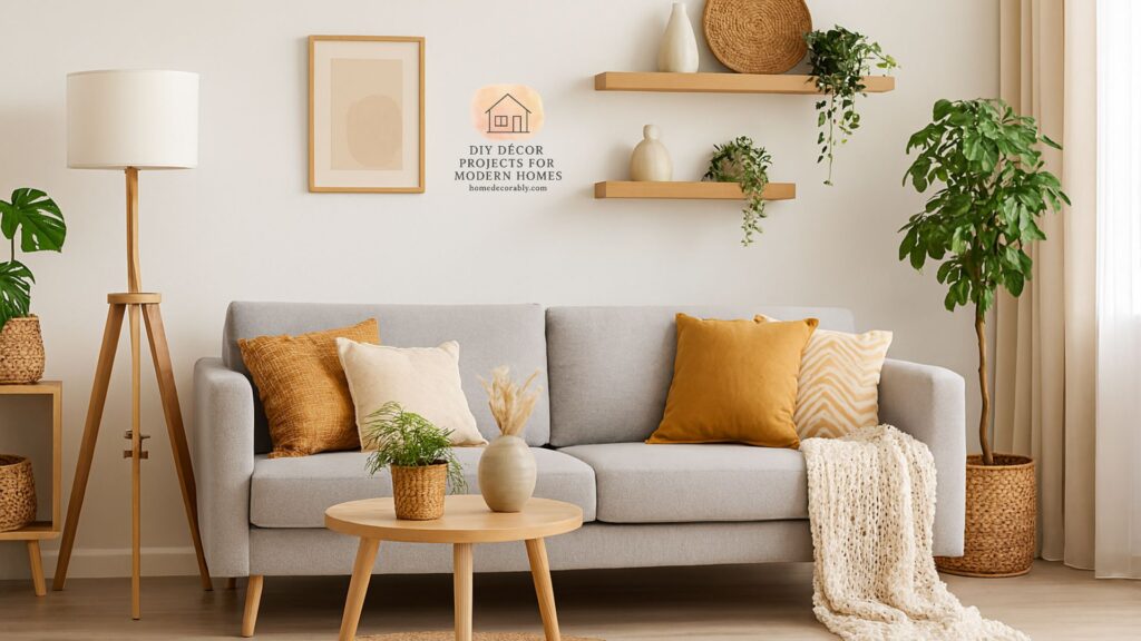 A cozy modern living room featuring cheap DIY living room décor with handmade accents and stylish budget-friendly details.