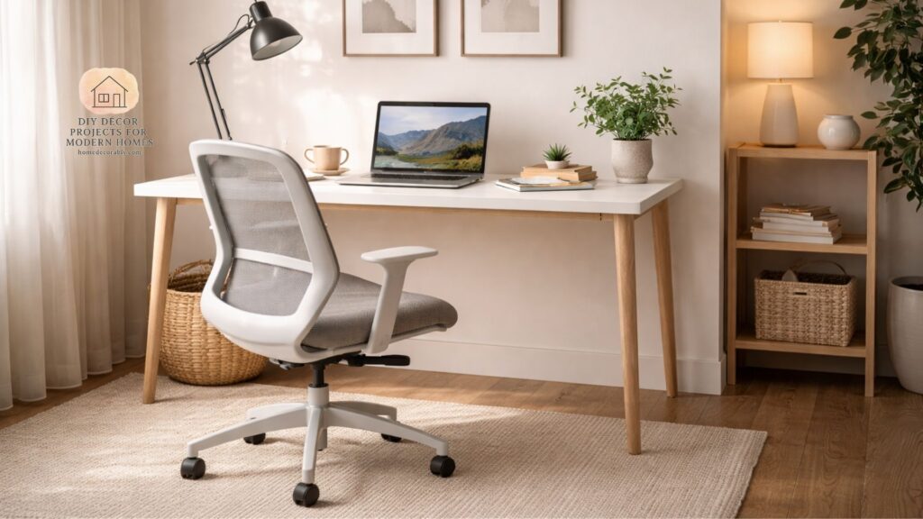 Cheap ergonomic work desk setup with laptop, chair, and modern home office design for comfort and productivity