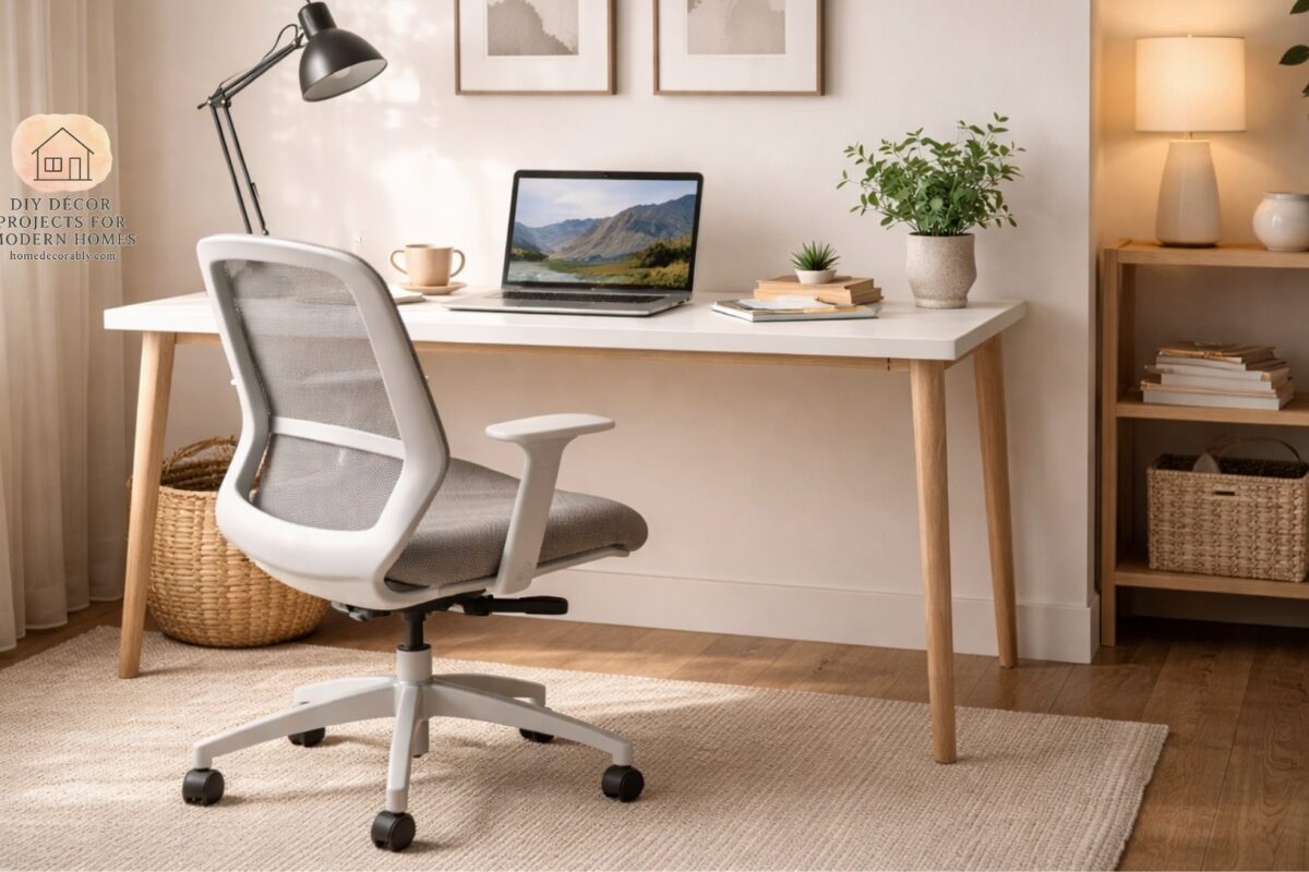 Cheap ergonomic work desk setup with laptop, chair, and modern home office design for comfort and productivity