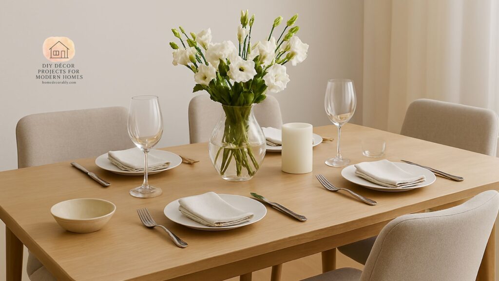 A clean dining table setup styled with minimalist decor, fresh flowers, and elegant tableware.