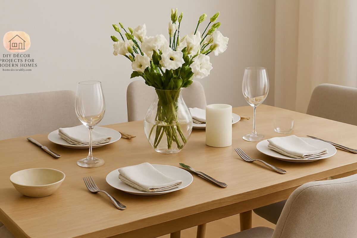 A clean dining table setup styled with minimalist decor, fresh flowers, and elegant tableware.